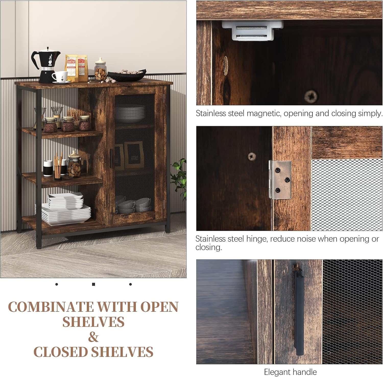 LVSOMT Mini Coffee Bar Cabinet for Home Kitchen, 27.5'' Coffee Stand Station with Adjustable Shelves & Door, Farmhouse Sideboard Buffet for Small Space, Dining Room, Living Room, Industrial Brown