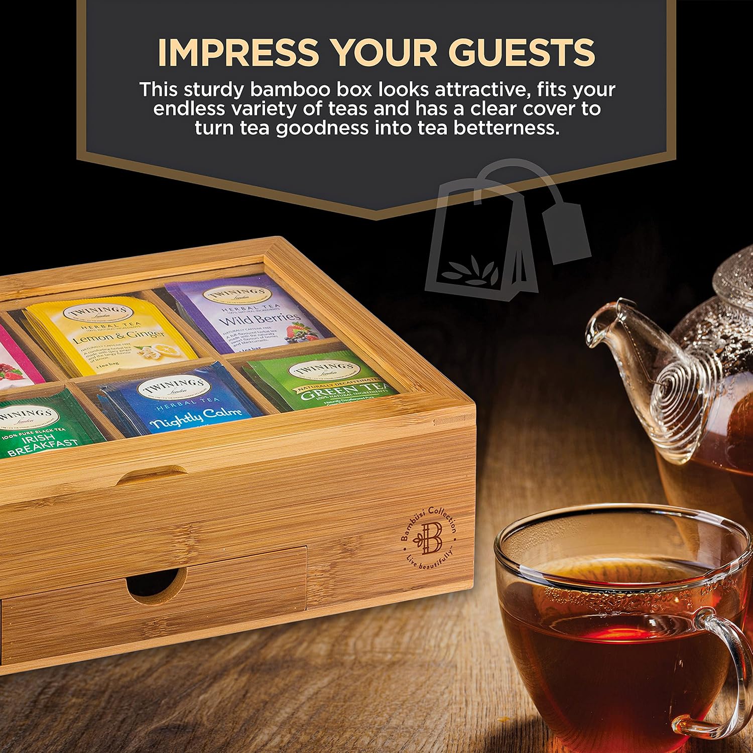 Bamboo Tea Bag Organizer Box - 8 Compartment Tea Storage Box with Acrylic Lid, Magnetic Closure and Drawer, Tea Bag Holder for Kitchen Counter, Tea Organizer, Tea Box, Gift for Mom Wife Tea Lovers