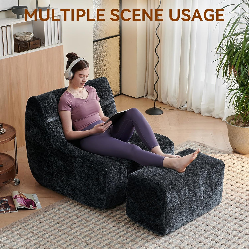 Bean Bag Chair With Footrest,Integrated Sponge Lounge Chair,Comfortable Bean Bag Sofa with Backrest, Faux FurBeanBagChair forAdultsandKids, Ideal for Bedrooms,Living Rooms,and Apartments(Black)