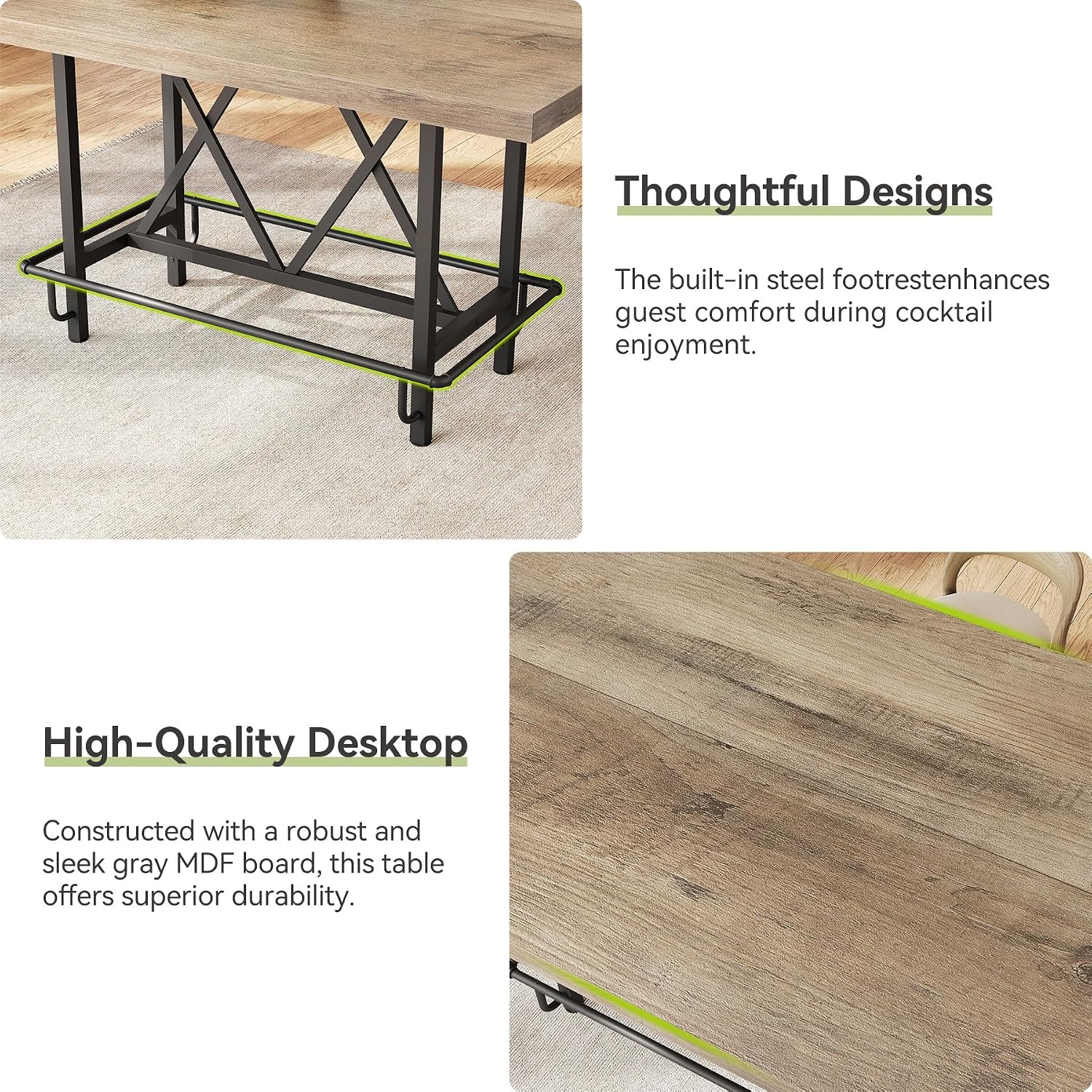 LITTLE TREE 63-Inch Industrial Bar Table with Metal Footrest, Counter Height Pub Table for Kitchen, Home Bar & Entertaining (Rustic Gray)