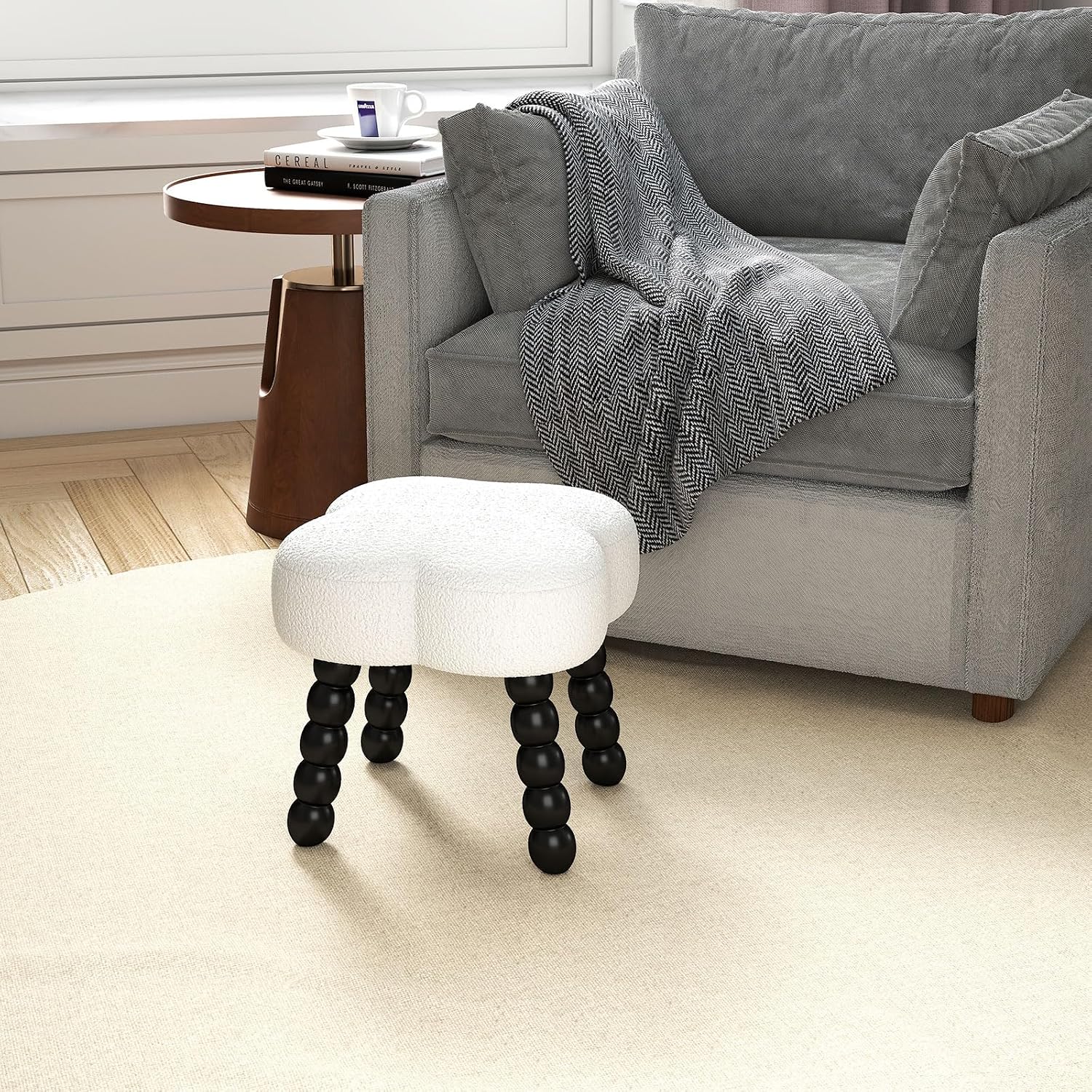 White Ottoman, Small Footrest with Storage Space, Unique Shaped Ottoman with Wood Legs，Faux Teddy Fur(Clover-White)