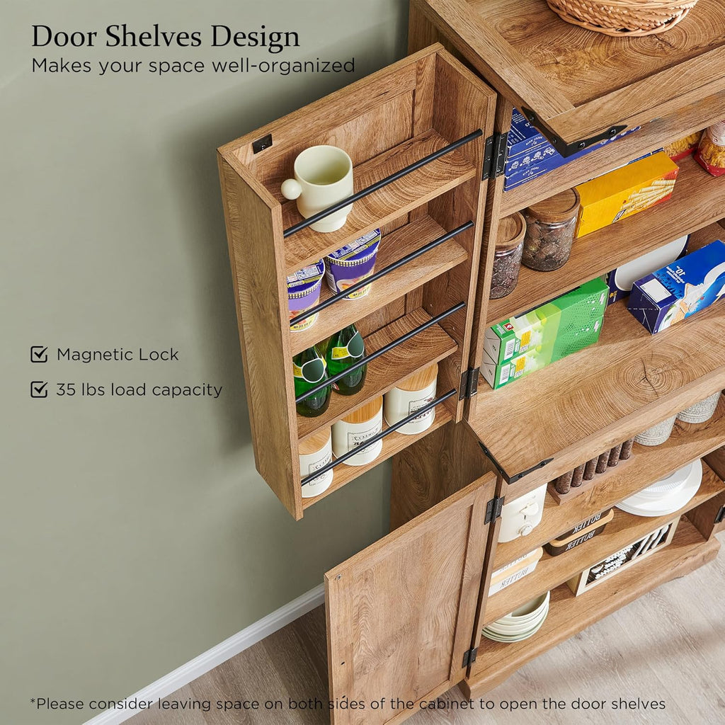 ACCOHOHO 72" Tall Kitchen Pantry, Farmhouse Storage Cabinet with Barn Doors, Organizer, Drawer and Adjustable Shelves, Rustic Wood Cupboard for Kitchen, Dining Room, Bathroom and Hallway, Light Walnut