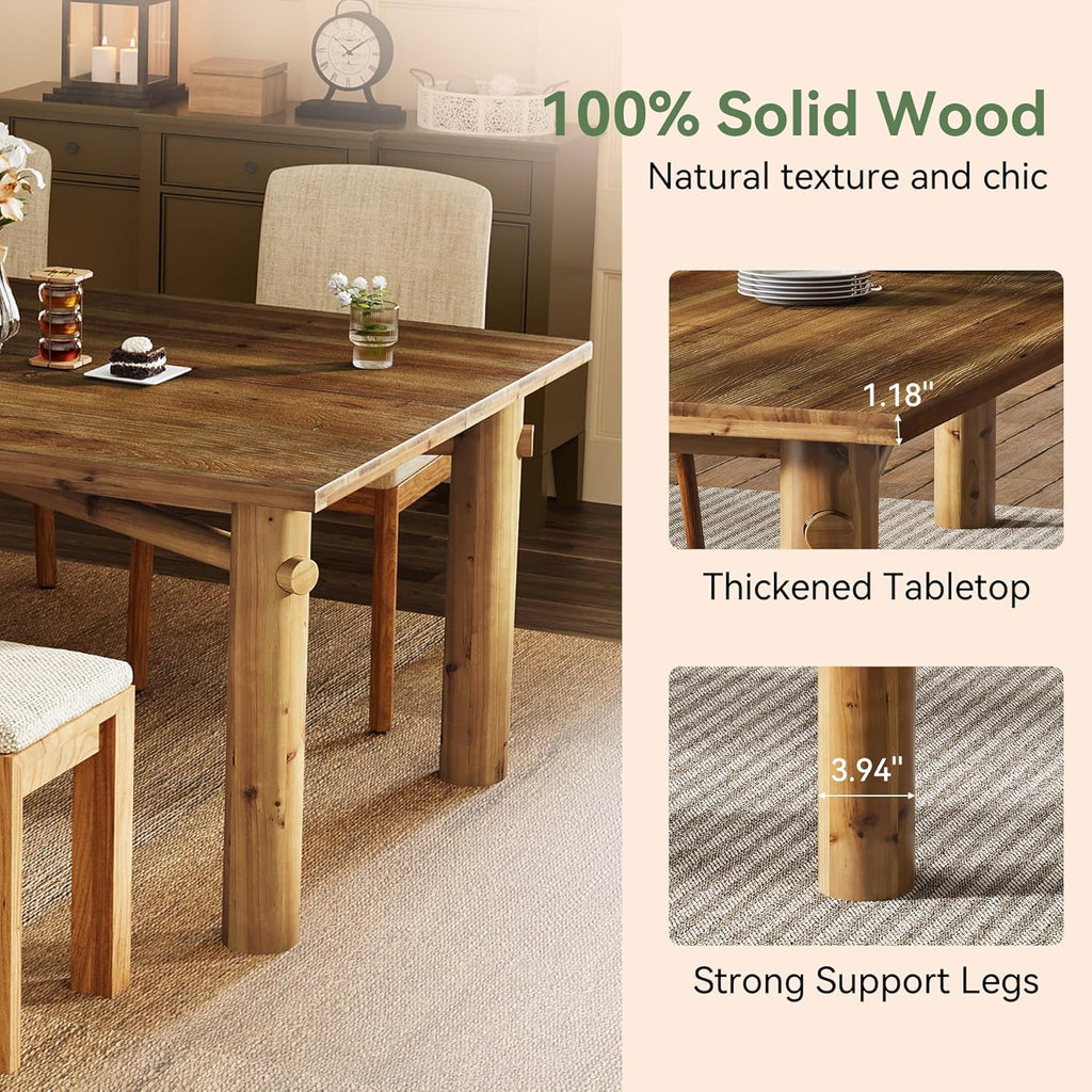Solid Wood Dining Table for 6, 63-Inch Wooden Kitchen Table with Strong Legs, Farmhouse Rectangle Dinner Table for Dining Room, Living Room