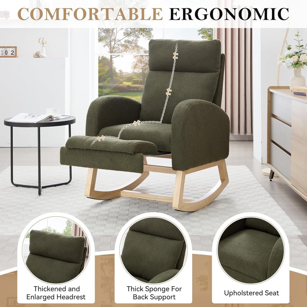 Rocking Chair, Nursery Rocking Chair, Teddy Fabric Rocker, Adjustable Footrest, Headrest, Side Pocket, Solid Wood Base, 15 Degree, Green