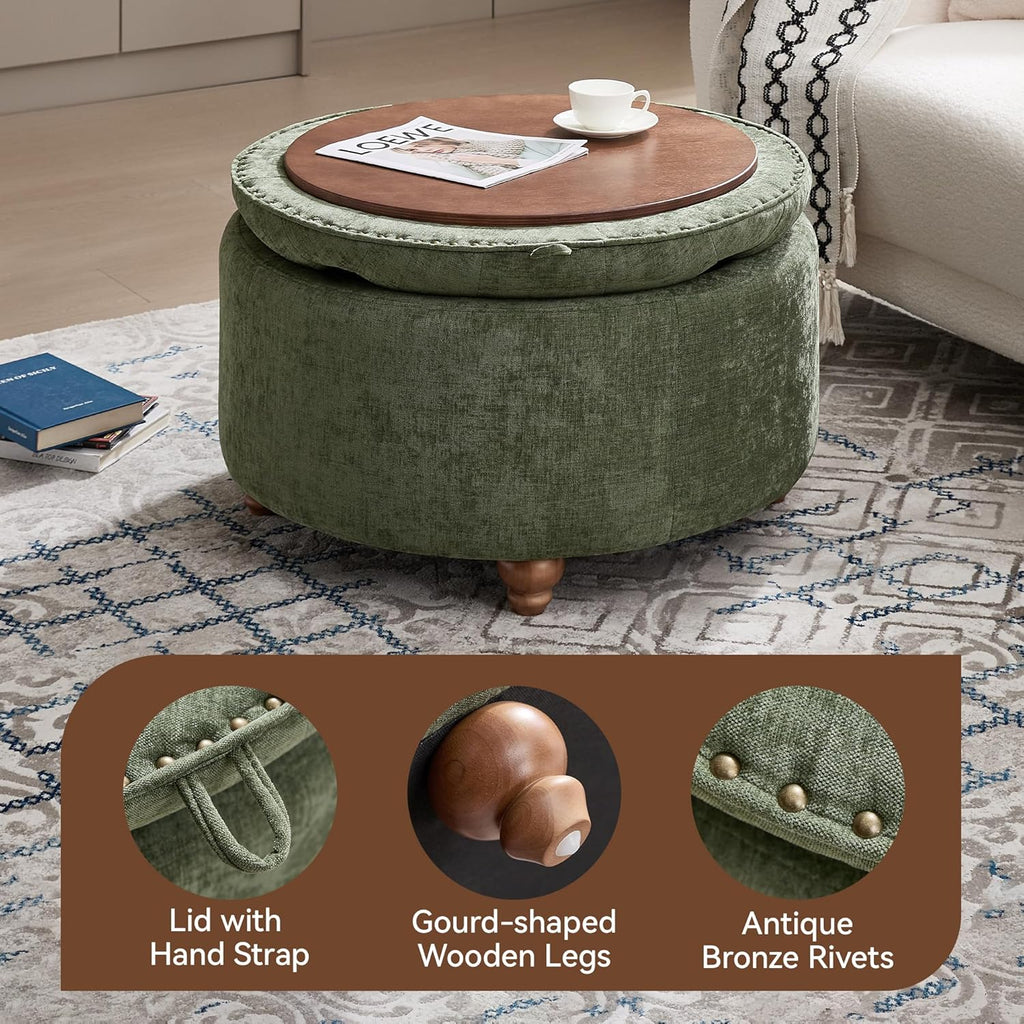 WUTUTUEE 30Inch Round Storage Ottoman with Tray, Modern Tufted Circle Coffee Table with Storage, Upholstered Ottoman with Removable Top for Living Room, Bedroom, Chenille Green