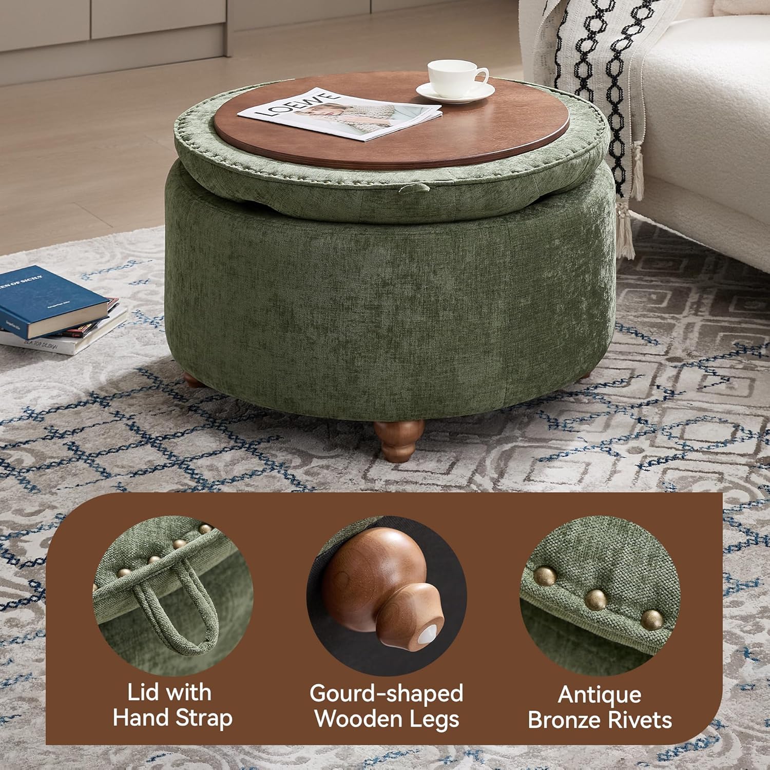 WUTUTUEE 30Inch Round Storage Ottoman with Tray, Modern Tufted Circle Coffee Table with Storage, Upholstered Ottoman with Removable Top for Living Room, Bedroom, Chenille Green