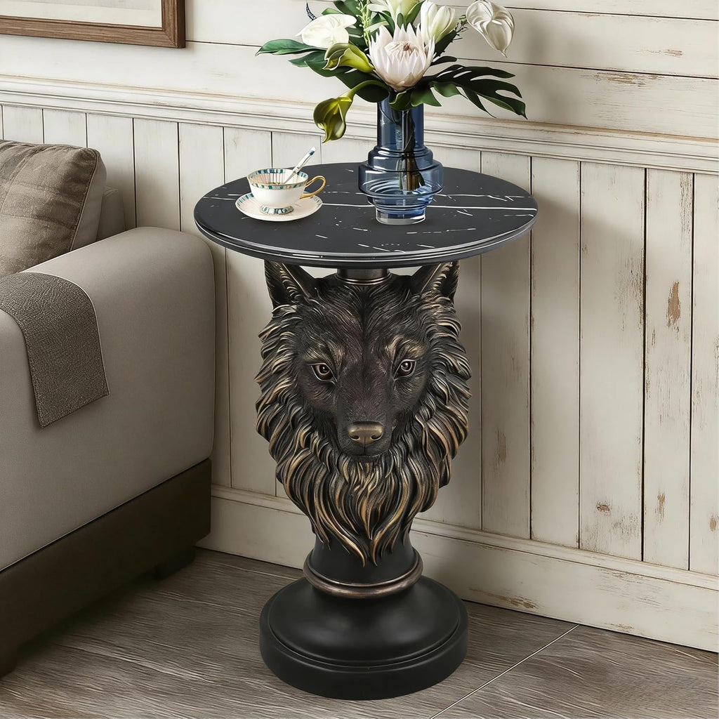 18" Wolf Head Sculptured Side Table,Round Side Table with Bronze Finish,Modern End Tables with Marble Top,Corner Accent Tables for Living Room,Entryway,Reading Nook,Easy Assembly