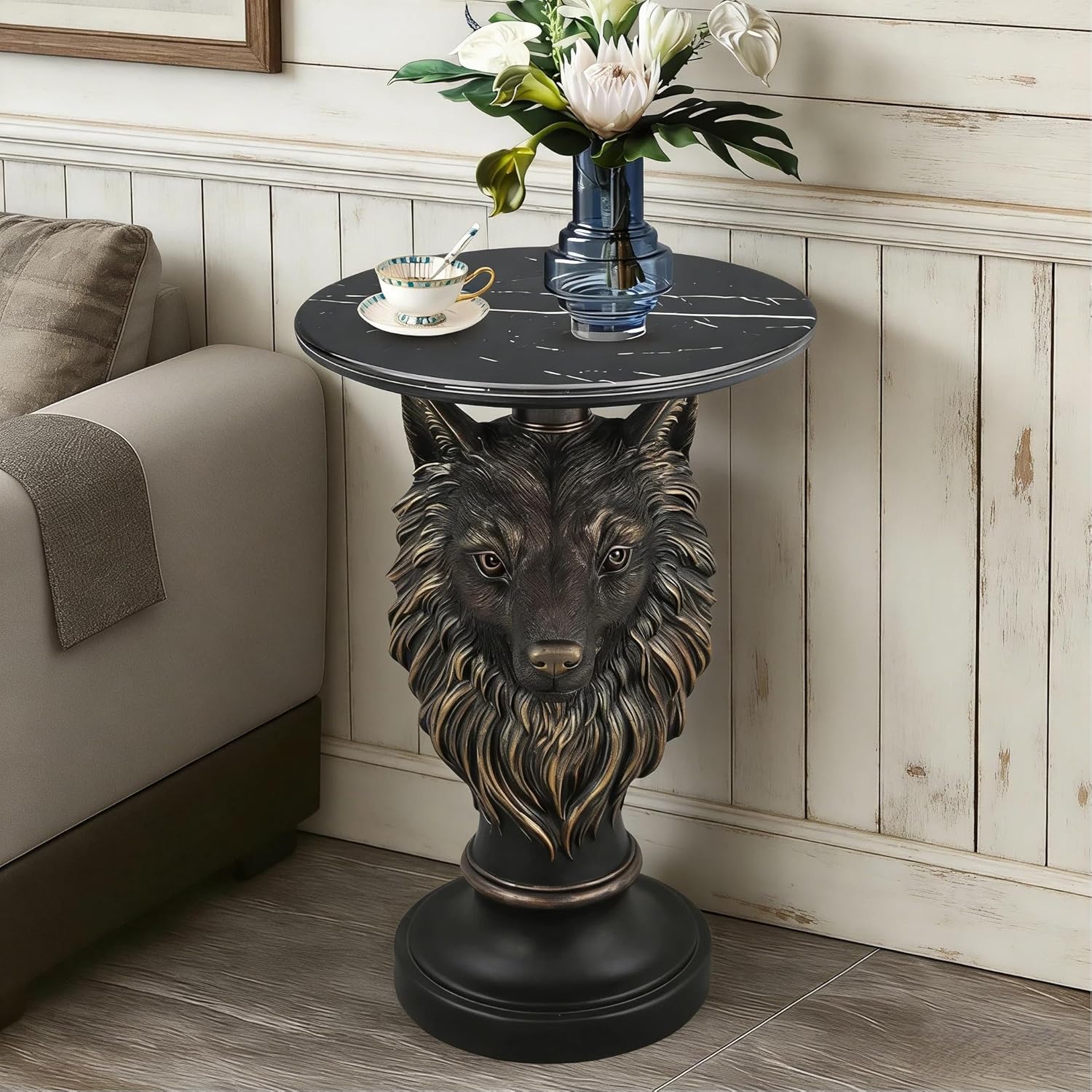 18" Wolf Head Sculptured Side Table,Round Side Table with Bronze Finish,Modern End Tables with Marble Top,Corner Accent Tables for Living Room,Entryway,Reading Nook,Easy Assembly
