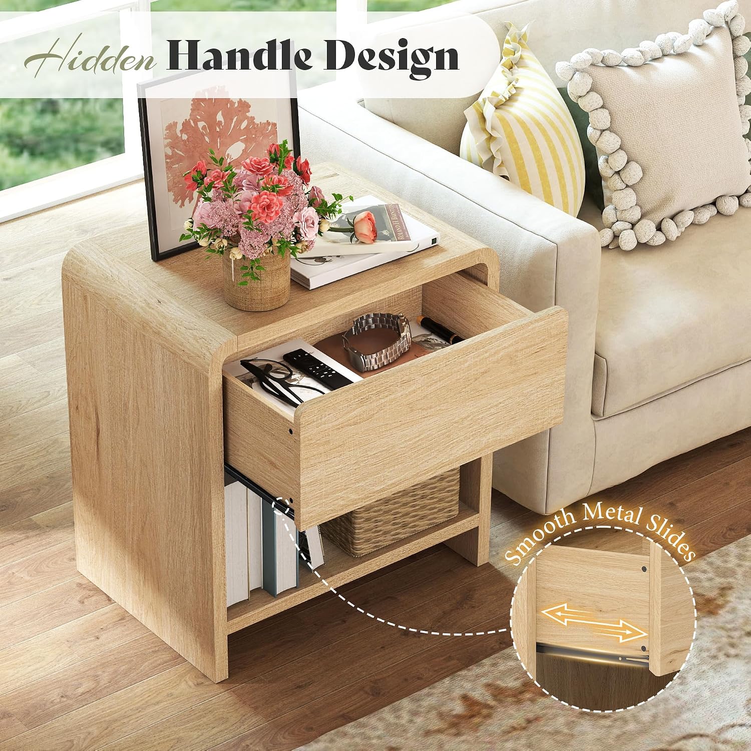 MERLIFE Modern Night Stand Set 2 with Storage Drawer & Open Shelves, Oak | Natural Wood Finish,Curved Top Corners,Smooth Metal Slides,Easy Assembly 30mins,for Bedroom Living Room Sofa Office