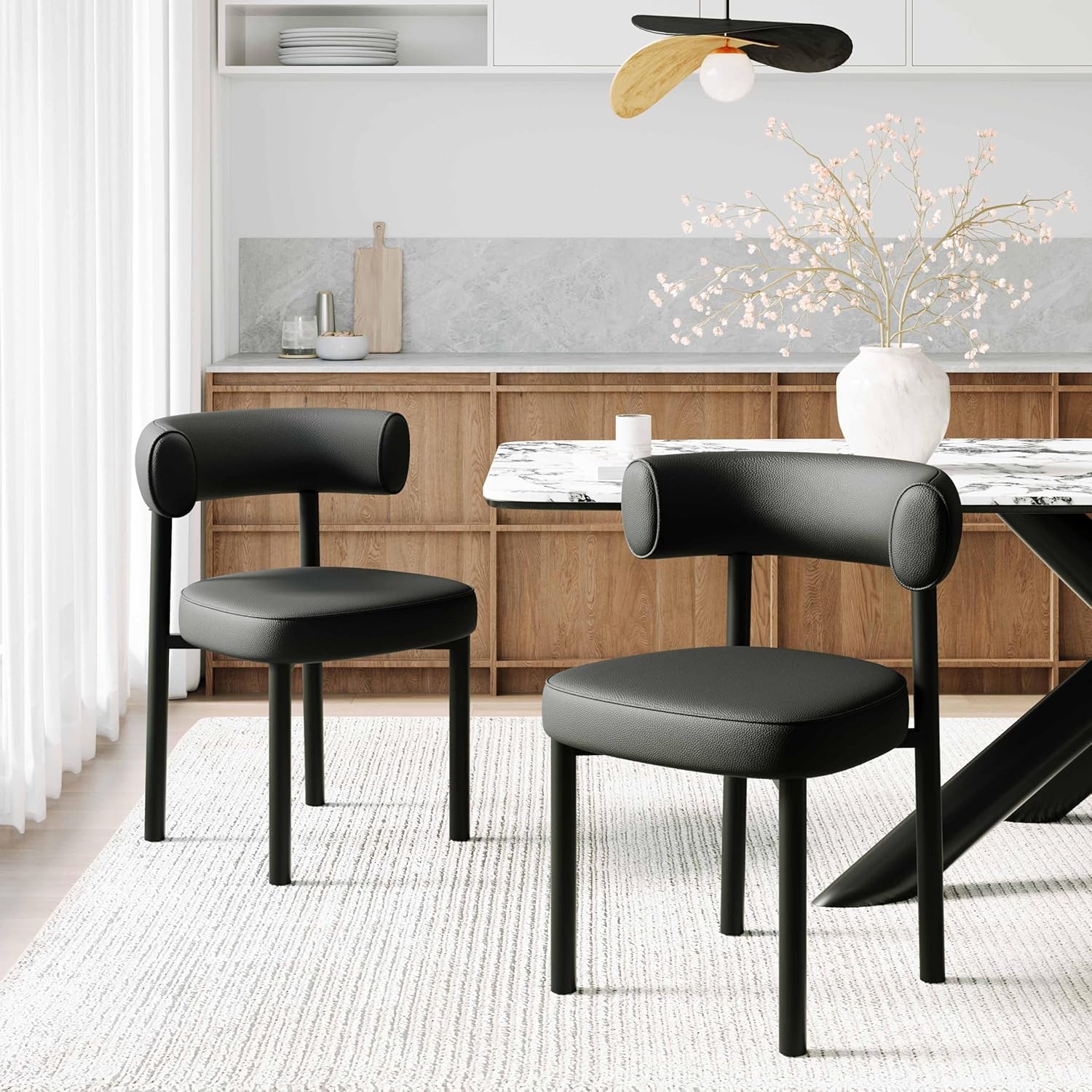 Dining Chairs Set of 2, Mid-Century Dining Room Chair, Carbon Steel Legs, Upholstered Seat, Textured Leather, Ergonomic Curved Backrest, Modern for Kitchen, Restaurant, Black