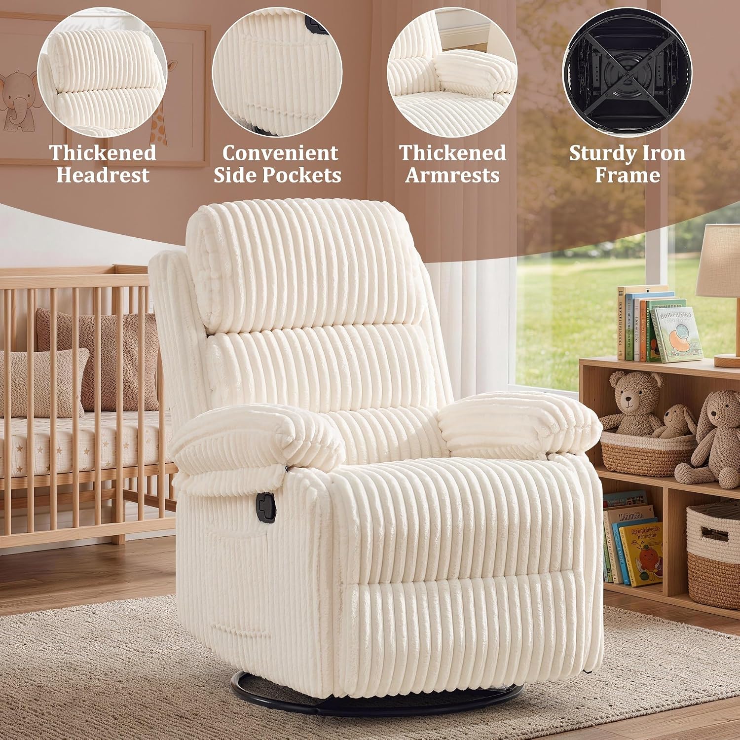 Korser Rocking Recliner Chair, Nursery Rocker Chair for Adults, Small Recliners for Small Spaces, Swivel Rocker Recliner with Cushion, Upholstered Rocking Chairs for Living Room, RV, Corduroy