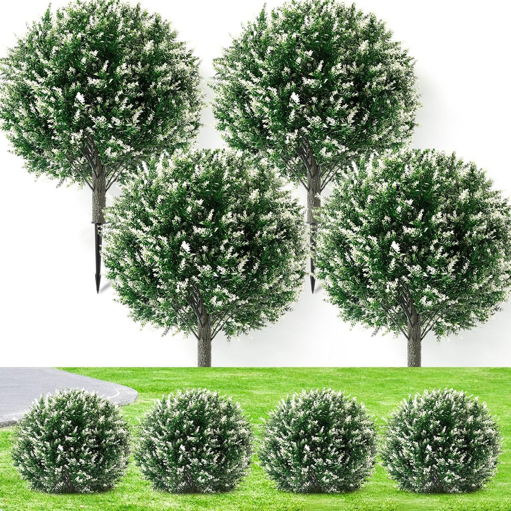 Lunmon Artificial Topiary Ball Trees Outdoor Set of 4, 24 Inch Faux Flower Topiary Bushes Plants with Ground Spikes, UV Resistant Artificial Shrubs for Porch Patio Garden Decor(Lavender,White)