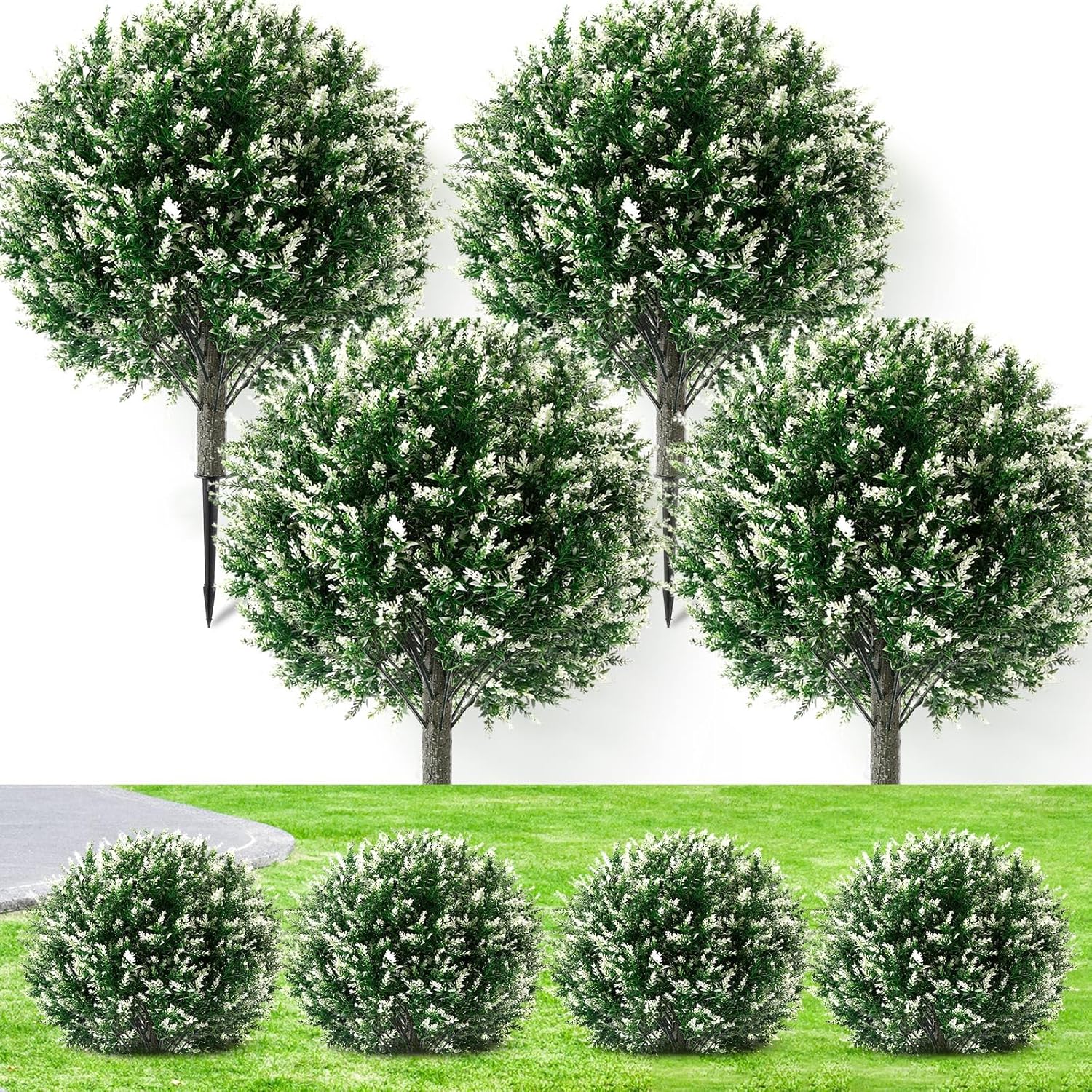 Lunmon Artificial Topiary Ball Trees Outdoor Set of 4, 24 Inch Faux Flower Topiary Bushes Plants with Ground Spikes, UV Resistant Artificial Shrubs for Porch Patio Garden Decor(Lavender,White)