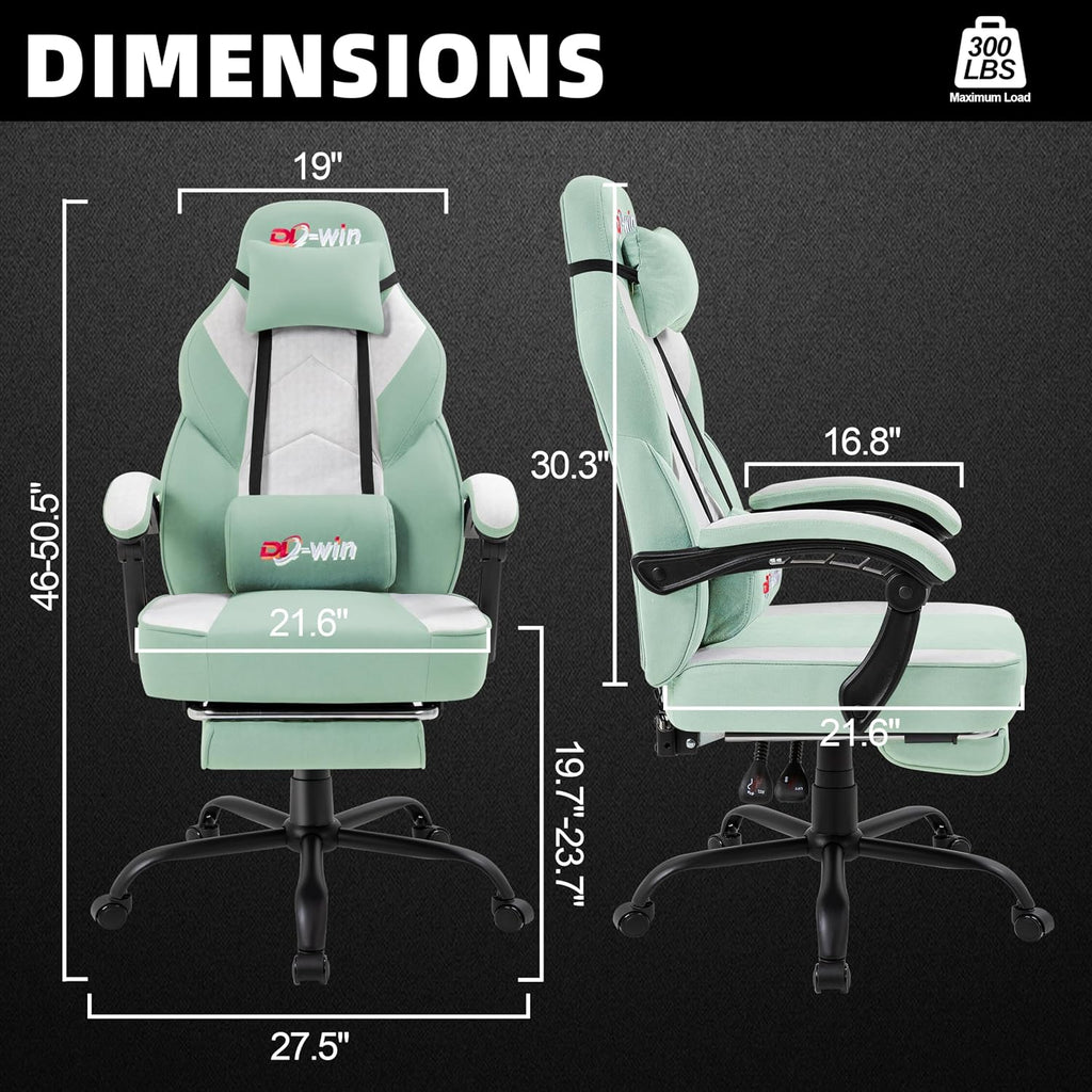 Shintenchi Big and Tall Gaming Chair Fabric Pocket Spring Cushion,High Back Recliner with Footrest and Headrest for Adults, Massage Lumbar Support for Home Office, Ergonomic Computer Desk Chair, Green