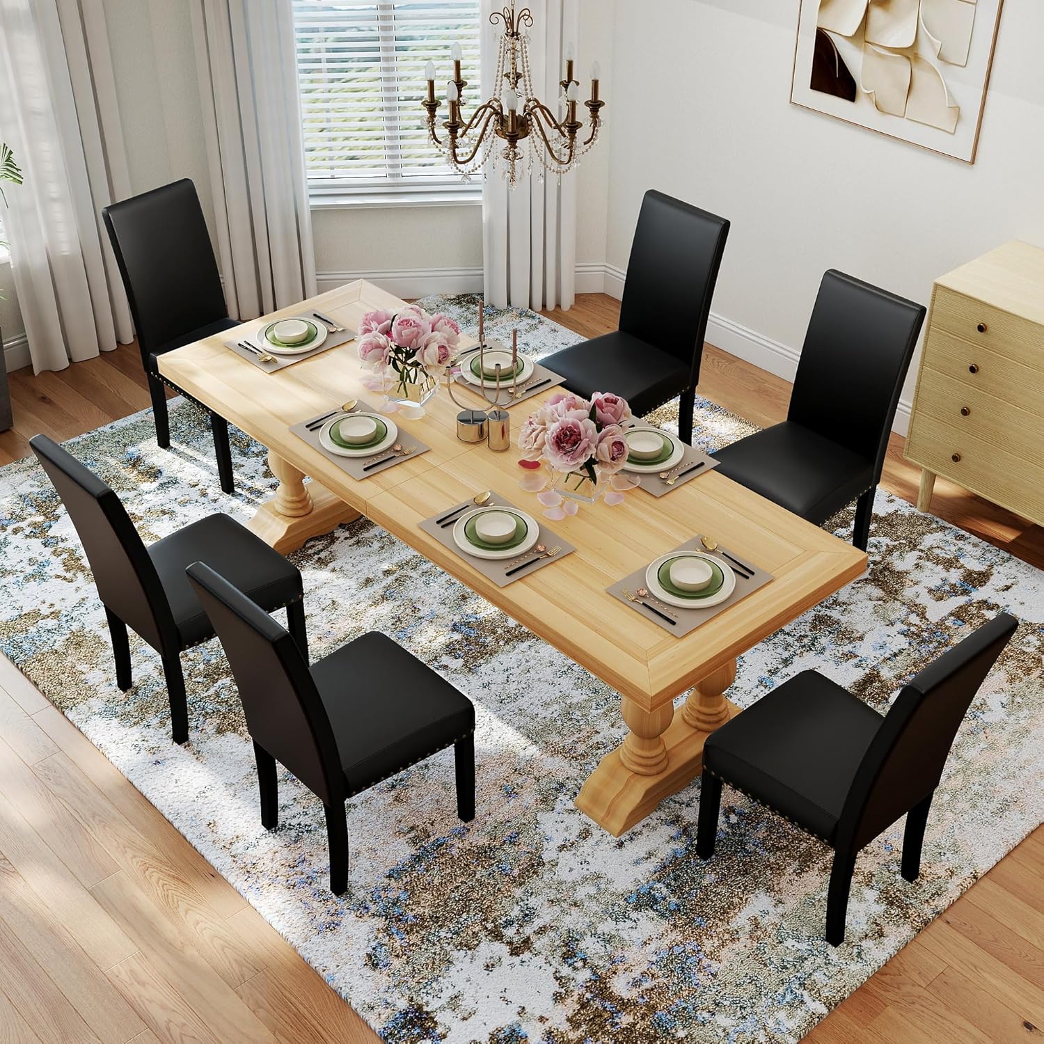 LSSPAID Dining Chairs Set of 2, PU Leather Upholstered Dining Room Chairs with Nailhead Trim and Solid Wood Legs for Home and Kitchen, Black