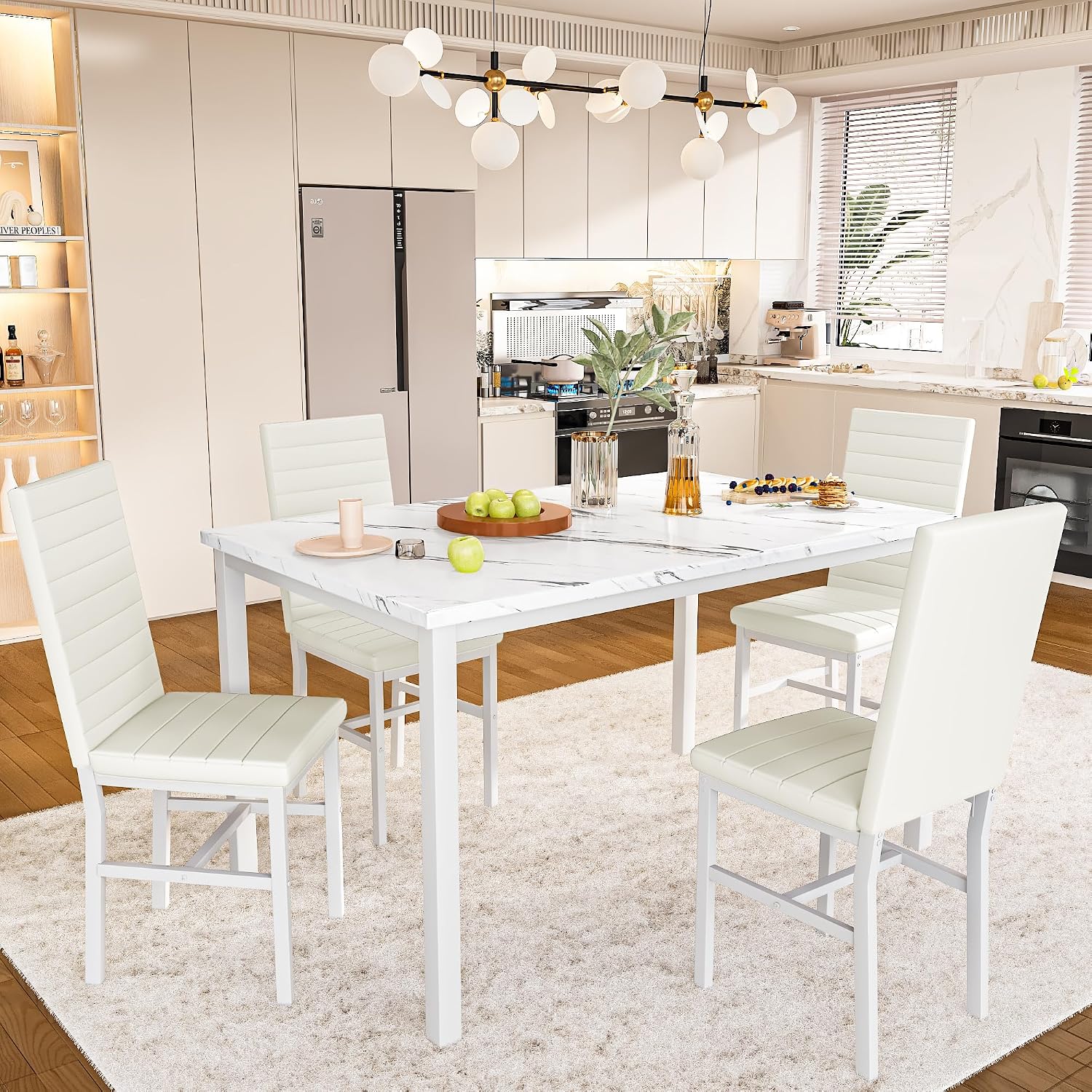 Hooseng Dining Table Set for 4, 5-Piece Faux Marble Dinner Table Set with 4 Upholstered PU Leather Chairs Kitchen Table Chairs Set Modern Space-Saving Dinette Set for Breakfast Nook Apartment White