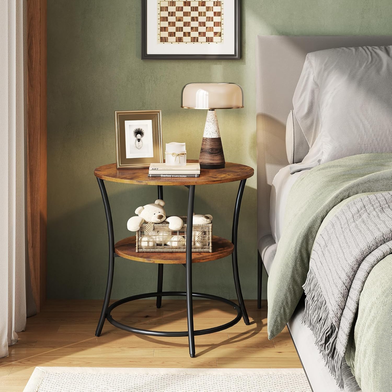 WLIVE Side Table, Round End Table with 2 Storage Shelves for Living Room, Bedroom, Nightstand with Steel Frame for Small Spaces, Accent Coffee Table, Rustic Brown