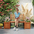 Outdoor Planter Box with Bench, Teak Oil Finish Wood Seat with 2 Open-Ended Base Garden Beds & Backrest, Decorative Plant Container for Yard, Balcony & Porch