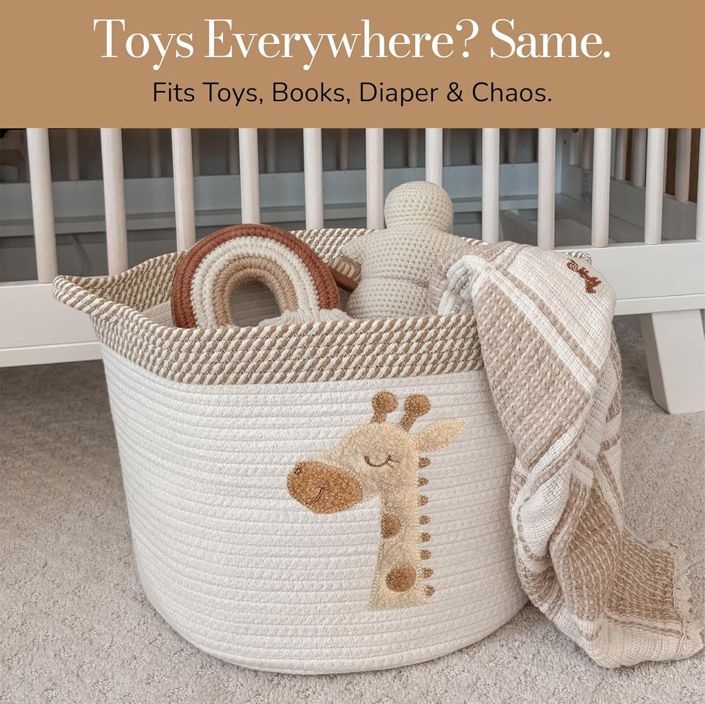 Giraffe Storage Basket for Nursery – Large 15”x11” Cotton Rope Bin with Soft Felt Animal Patch – Toy Organizer, Baby Laundry Hamper, Diaper & Towel Holder – Foldable, Washable & Baby-Safe