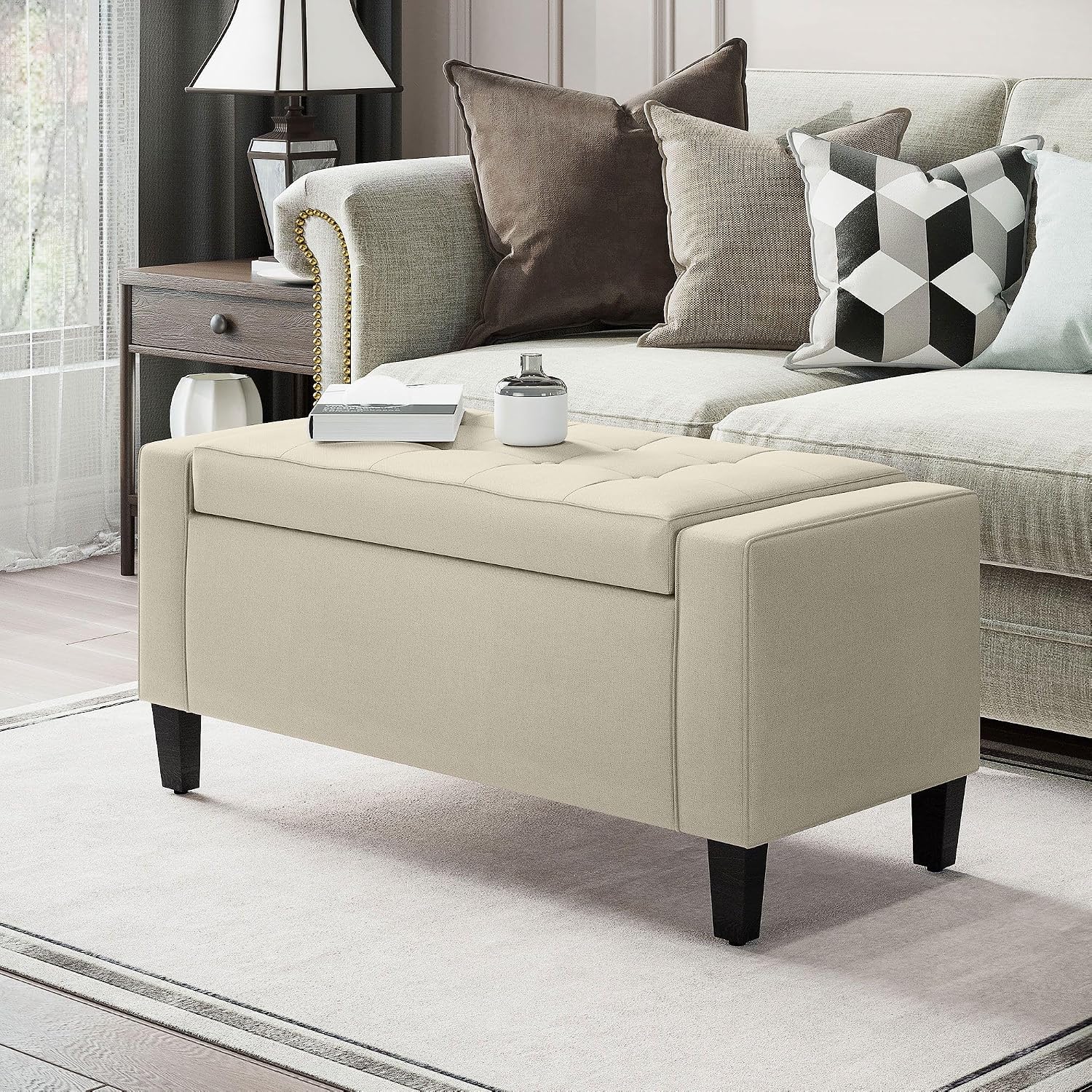 Classic Linen Tufted Storage Ottoman Bench Lift Top Beige Sophisticated Style Fabric Comfortable Seating Durable FFor rame