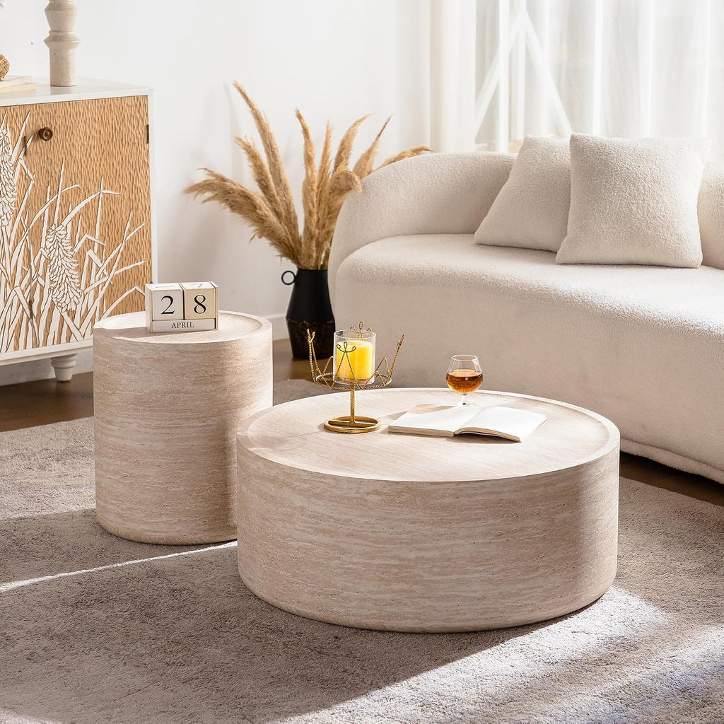 Henf Round End Table Faux Travertine Modern Sofa Side Table for Living Room, Modern Small Circle Faux Marble Side Table for Apartment, No Assembly Required