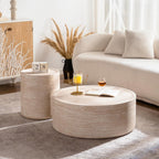 Henf Round End Table Faux Travertine Modern Sofa Side Table for Living Room, Modern Small Circle Faux Marble Side Table for Apartment, No Assembly Required