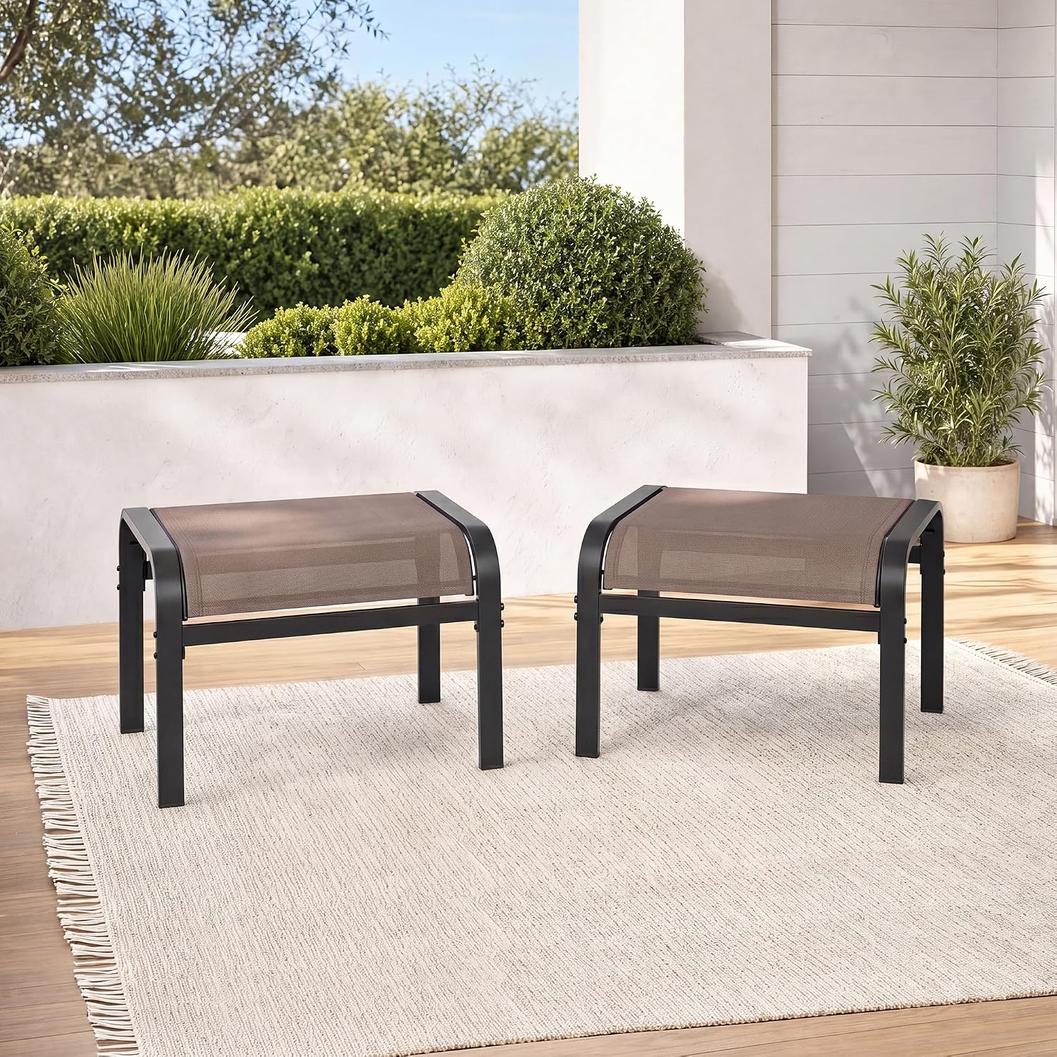 Outdoor Ottoman Set of 2, Outdoor Foot Stool with Textliene Fabric, Metal Frame, Stackable Oversized Foot Rest for Patio Garden Pool, Light Brown
