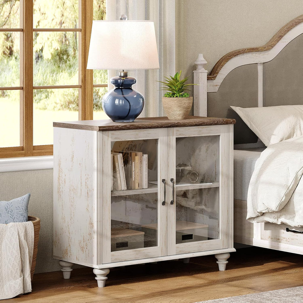 WAMAPT Kitchen Storage Cabinets, Farmhouse Sideboard Buffet Cabinets with Glass Door, Wood Coffee Bar Tables with Adjustable Shelf for Dining Room, Living Room, Rustic White