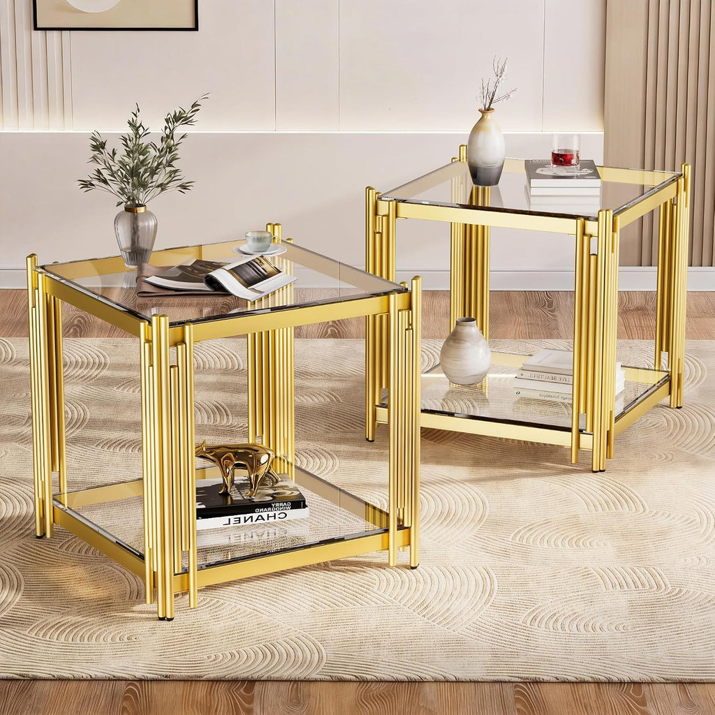 Luxury Gold Square Glass End Table, 19.7" Modern Side Table with Stainless Steel Irregular Leg Clear Tempered Glass Tabletop, Accent Furniture for Living Room (Clear, Set of 2)