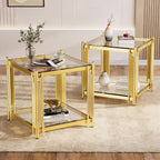 Luxury Gold Square Glass End Table, 19.7" Modern Side Table with Stainless Steel Irregular Leg Clear Tempered Glass Tabletop, Accent Furniture for Living Room (Clear, Set of 2)