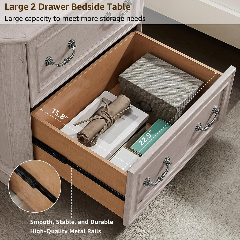 T4TREAM 30" Farmhouse Nightstand Set of 2 w/Charging Station | Large End Table, 2 Spacious Drawers Bedside Table, Wooden Night Stand for Bedroom, Living Room, White Alder