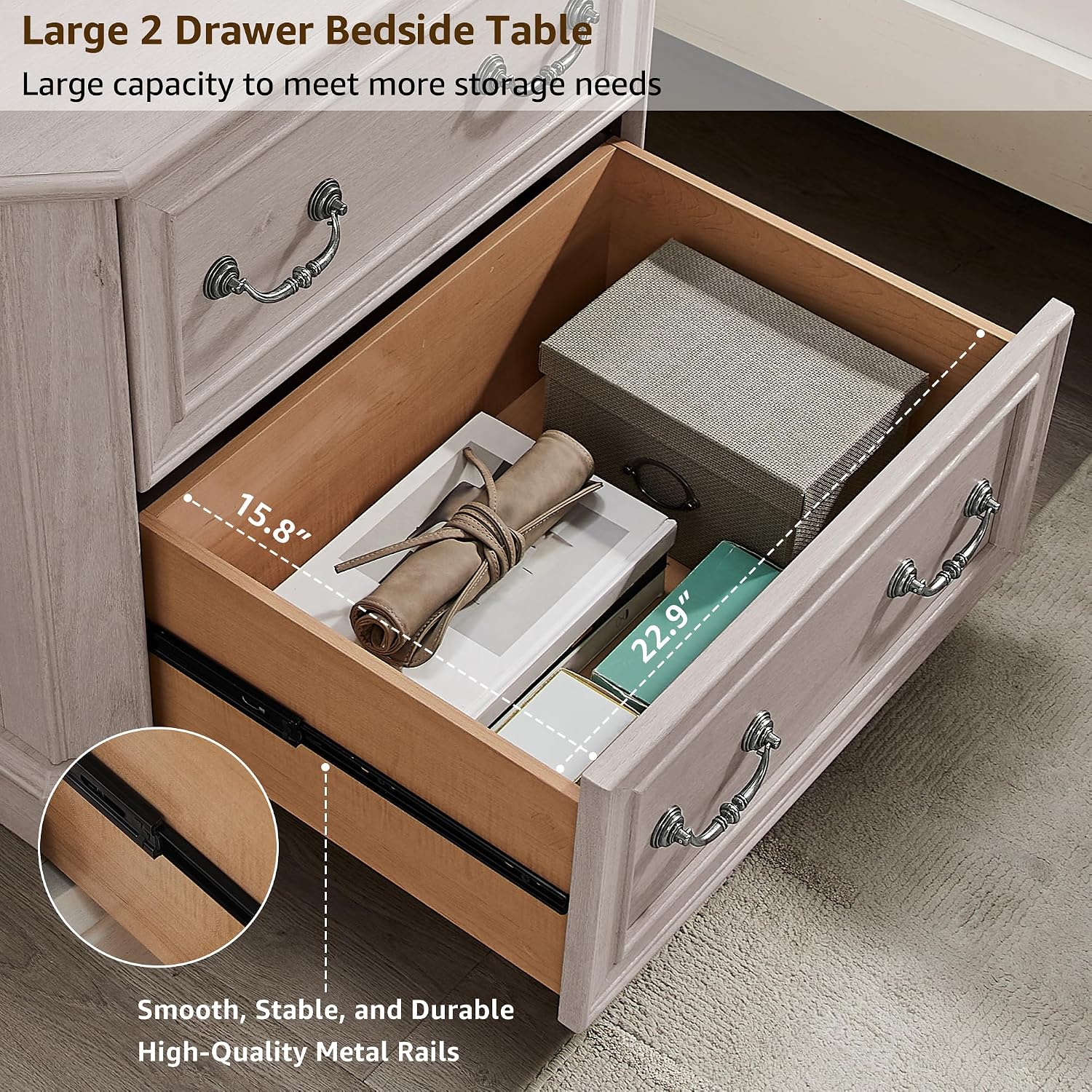 T4TREAM 30" Farmhouse Nightstand Set of 2 w/Charging Station | Large End Table, 2 Spacious Drawers Bedside Table, Wooden Night Stand for Bedroom, Living Room, White Alder