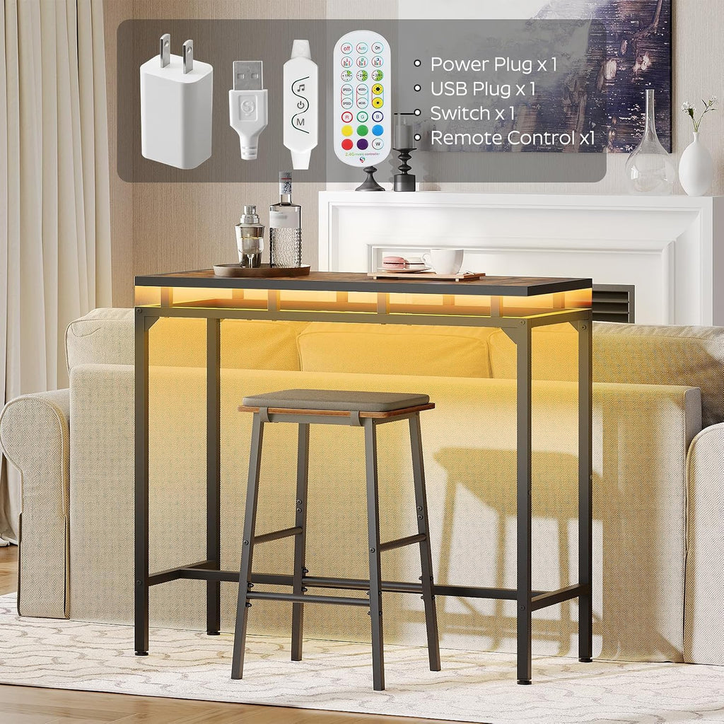 YATINEY Bar Table with LED Lights, Counter Height Bar Height Table, Pub Gaming Table, Metal Frame, for Living Room, Dining Room, Pub, Rustic Brown and Black BT01DBR