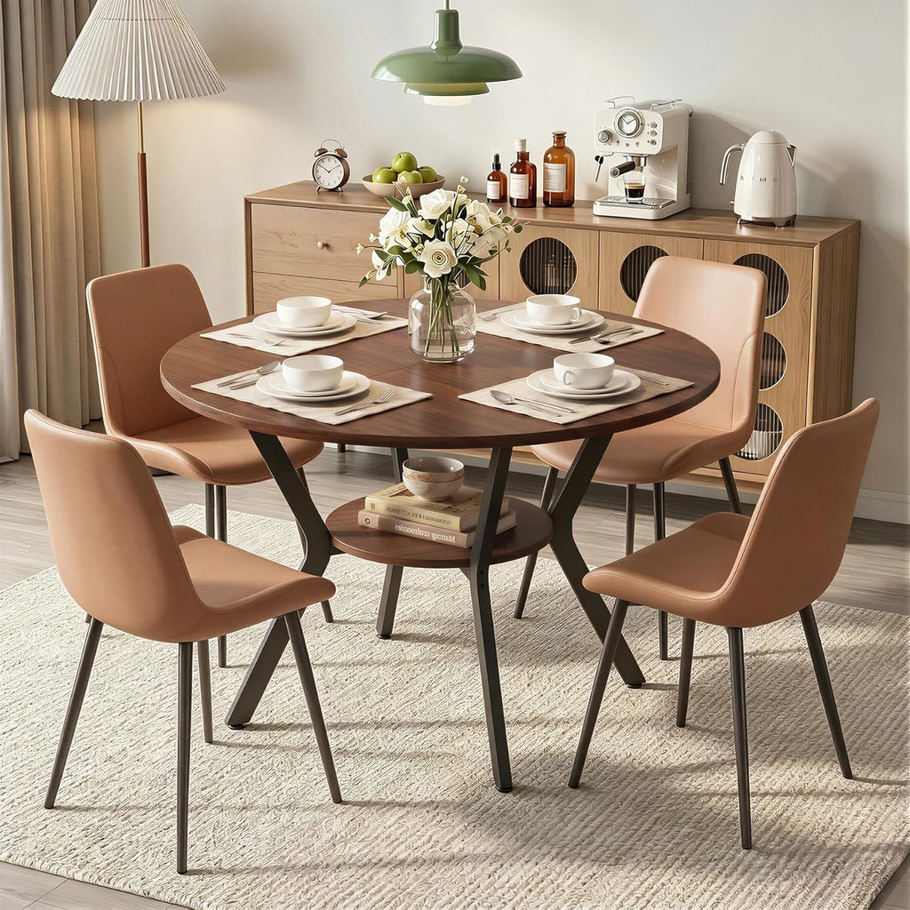 Miereirl 42.13" 5-Piece Round Dining Table Set for 4, Kitchen Table Set with 4 Upholstered Chairs and Storage Shelf, Dining Room Furniture Set for Apartment, Small Spaces