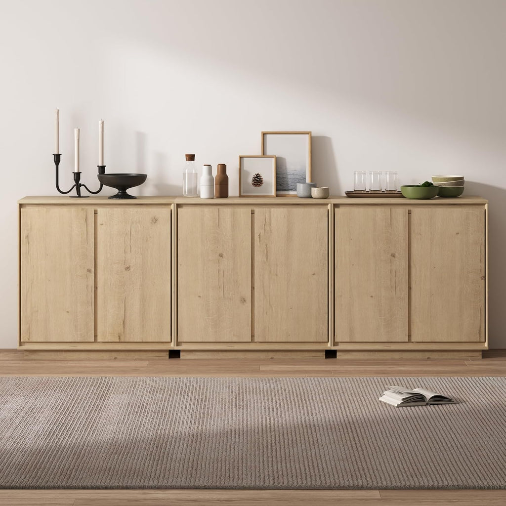 3pcs Sideboard Cabinet Buffet Cabinet with Storage with Adjustable Shelves and Handle-Free Design Suitable for Kitchens,Hallway,and Living Rooms Light Oak