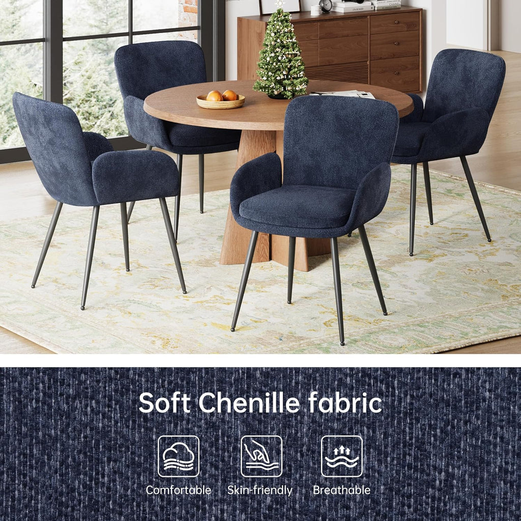 VKNOW Modern Dining Chairs Set of 4, Upholstered Dining Room Chair with Armrest, Kitchen Chairs with Curved Ergonomics Backrest for Living Room, Dining Room, Kitchen, Navy Blue