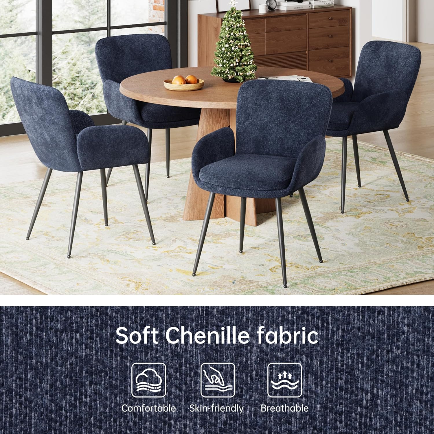 VKNOW Modern Dining Chairs Set of 4, Upholstered Dining Room Chair with Armrest, Kitchen Chairs with Curved Ergonomics Backrest for Living Room, Dining Room, Kitchen, Navy Blue