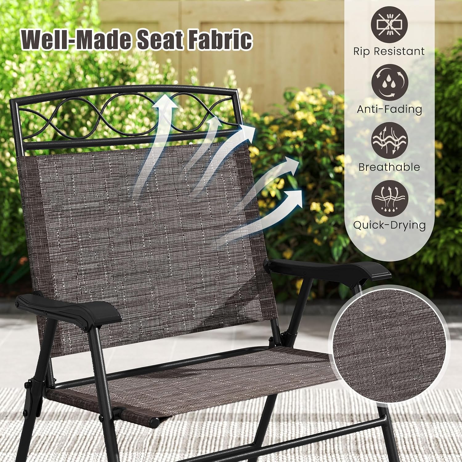 Giantex Set of 4 Patio Folding Chairs, Outdoor Dining Chairs for Camping, Beach, Backyard, Deck, Portable Dining Chair w/Armrest and Metal Frame, 4-Pack (Dark Brown)