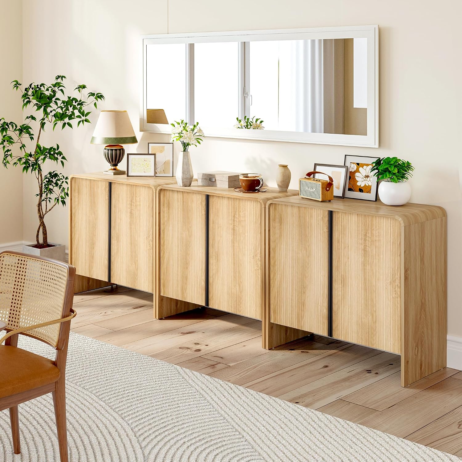 BERRYMERRY 2 Door Fluted Sideboard Buffet Cabinet with Storage, Modern Wood Cabinet with Adjustable Shelves for Living Room, Dining Room (Light Wood 4 Doors)