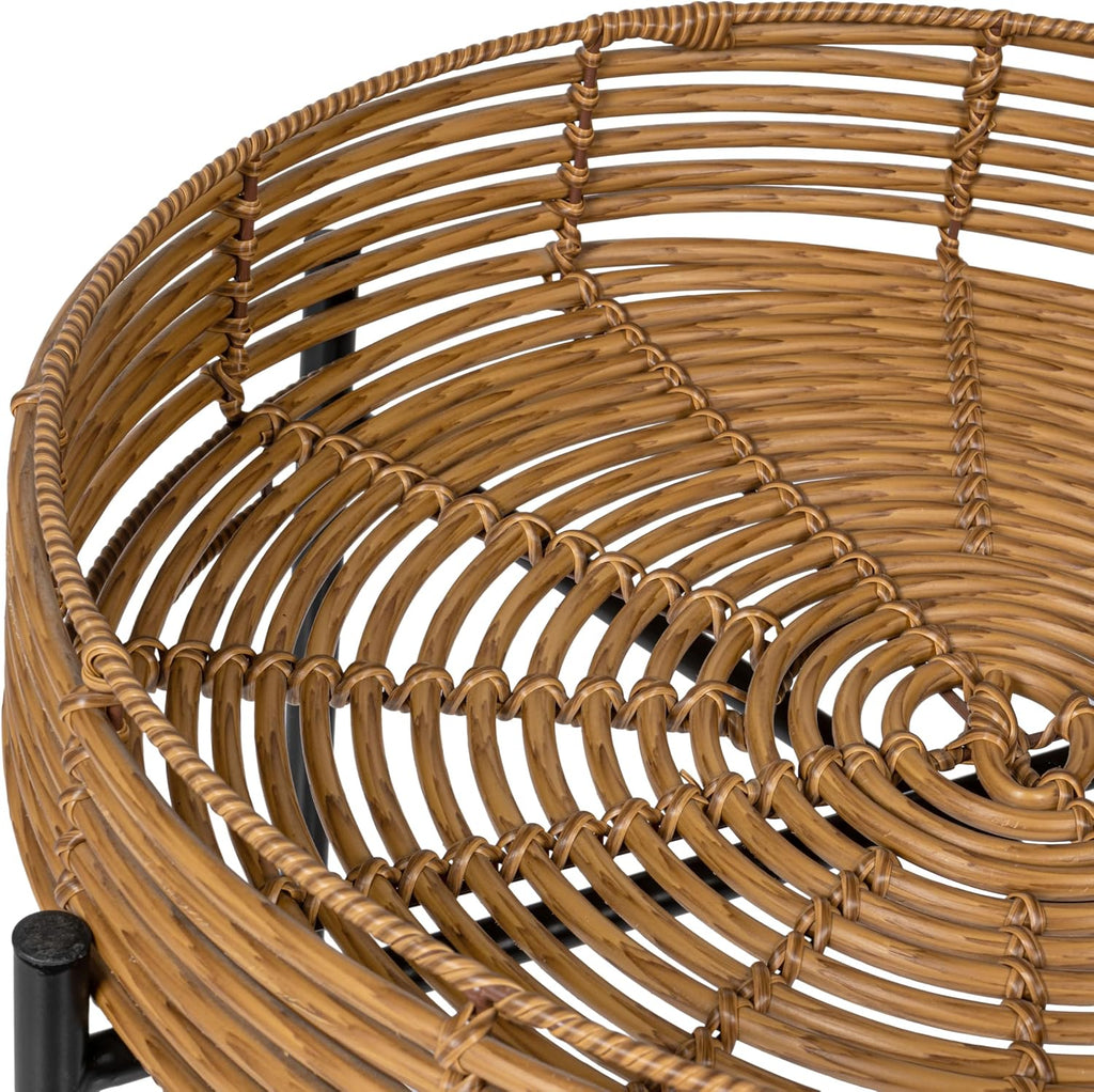 JONATHAN Y Malia 23" Round Faux Rattan Tray Top End Table, Bohemian Woven Accent Side Table with Black Metal Cross Base, Nightstand for Living Room and Bedroom, Brown and Black TBL2509B