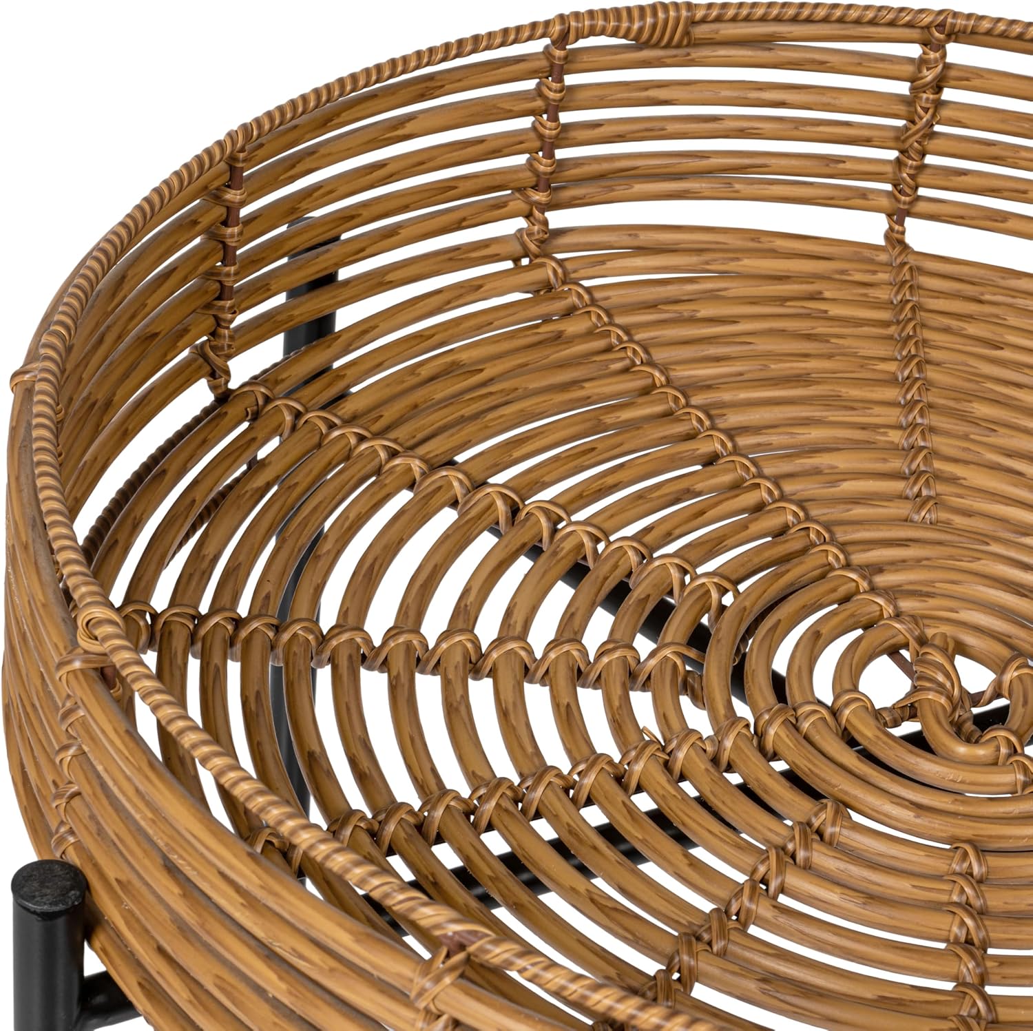 JONATHAN Y Malia 23" Round Faux Rattan Tray Top End Table, Bohemian Woven Accent Side Table with Black Metal Cross Base, Nightstand for Living Room and Bedroom, Brown and Black TBL2509B