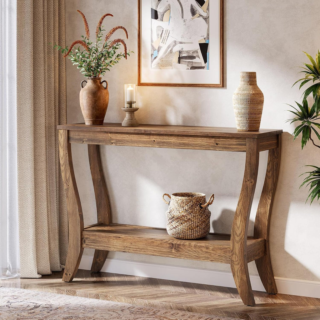 Solid Wood Console Table for Entryway, 41.3-Inch Farmhouse Sofa Table with Storage, 2-Tier Wooden Entrance Table for Living Room, Hallway, Foyer, (Brown)