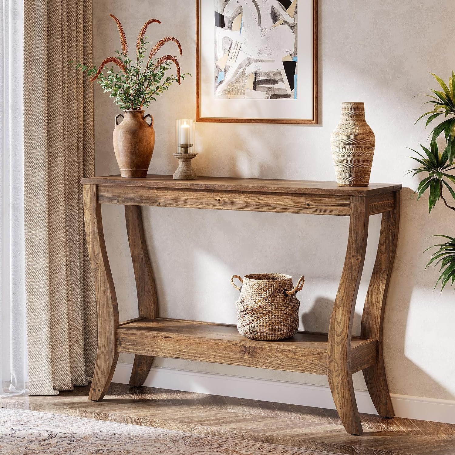 Solid Wood Console Table for Entryway, 41.3-Inch Farmhouse Sofa Table with Storage, 2-Tier Wooden Entrance Table for Living Room, Hallway, Foyer, (Brown)