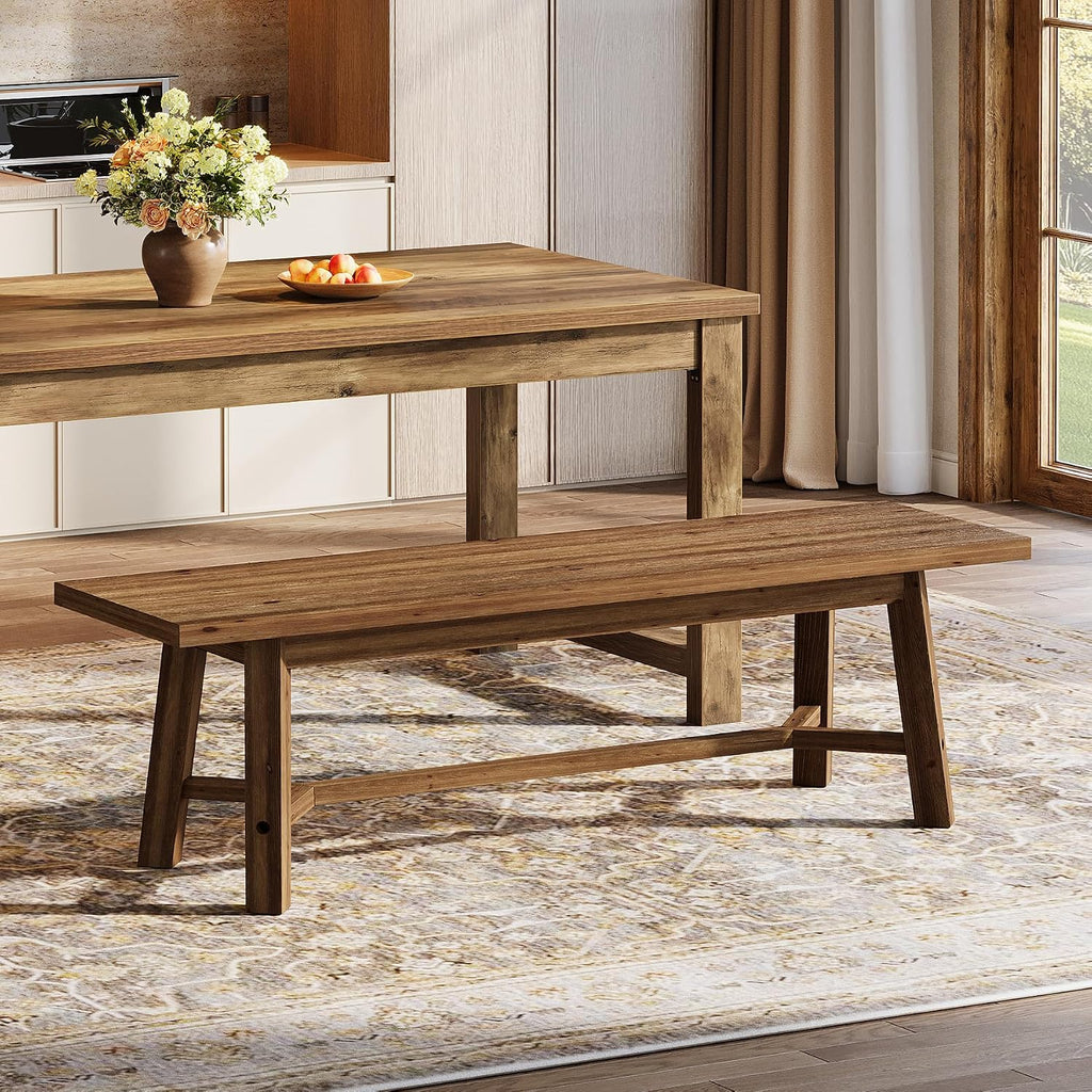 55" Solid Wood Bench, Farmhouse Long Bench Seat for Entryway, Dining Room, Living Room, Solid Wood, Dark Brown
