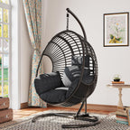 Hanging Egg Chair with Stand – 400 Lbs Capacity Patio Swing, Weatherproof PE Rattan & 8-Inch Thick Cushion, Swing Egg Chairs for Outdoor Garden, Balcony & Patio Use, Black