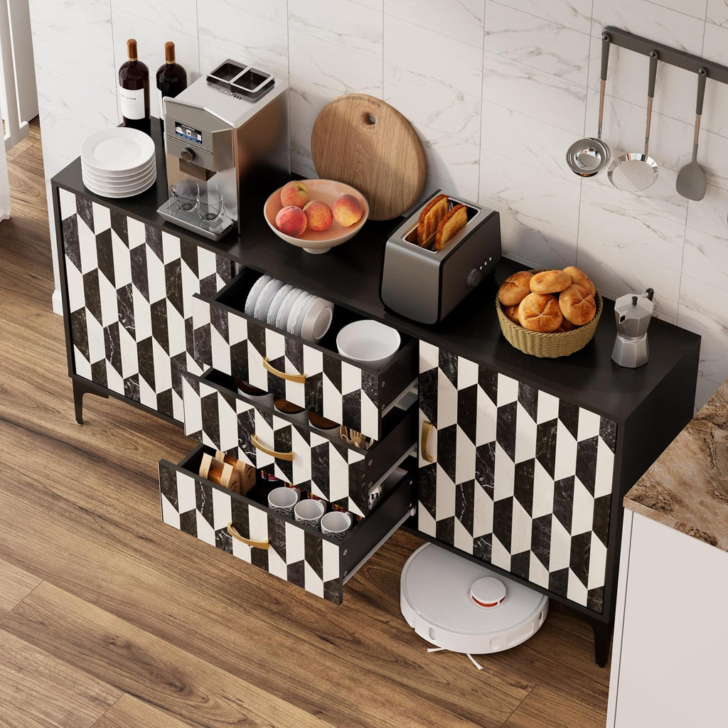 Anbuy Marble Buffet Cabinbet with Storage and 3 Drawers Sideboard Faux Marble Doors Buffet Dining Room Hallway Cupboard Console Table, Liquor/Accent Cabinet(Black)