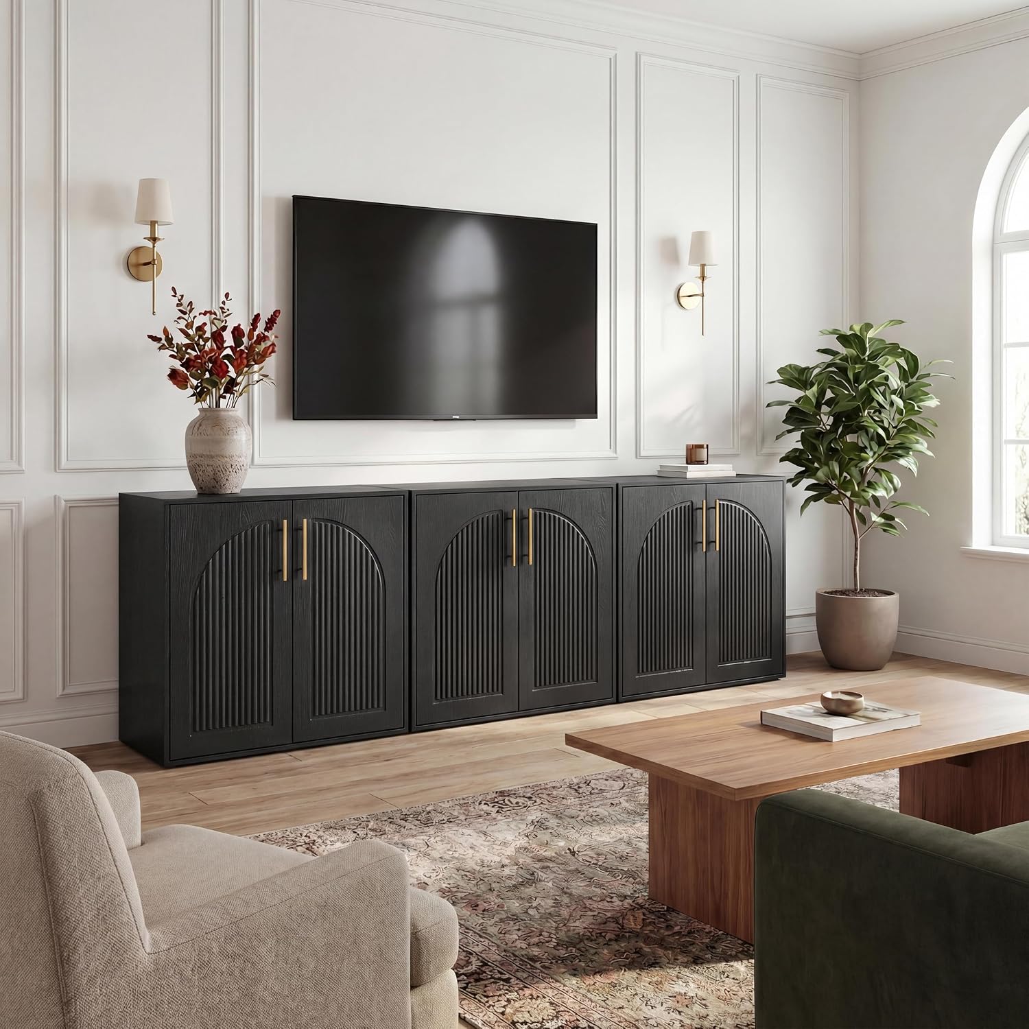 Fluted Sideboard Buffet Cabinet with Storage, Arched Doors & Adjustable Shelves, Modern Accent Credenza, Anti-Tip Console Cabinet for Living Room, Entryway, Hallway & Kitchen, Black
