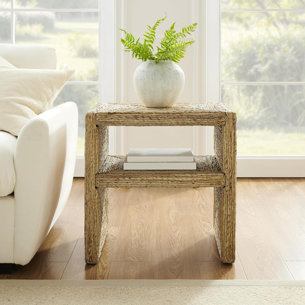 Crosley Furniture Marella Handwoven Banana Leaf End Table, Rattan Side Tables, Banana Leaf