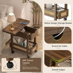 YOSHOOT Flip Top End Table with Charging Station, Narrow Side Table | 13" Wide, Rattan, Extensible Design, Small Table with Storage and Wheels, Suitable for Living Room Bedroom Apartment, Walnut