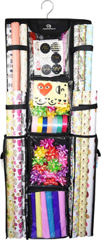 Freegrace Double-Sided Hanging Gift Wrap Organizer - Large 16 x 41 Inch Wrapping Paper Storage Bag - Tearproof 600D Oxford Closet Gift Bag & Ribbon Organization Storage Caddy, Beige (Black)